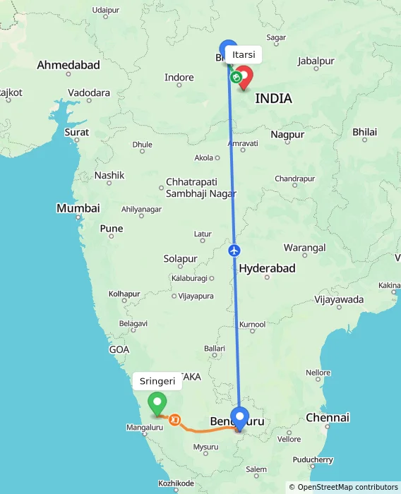 Route map showing distance and travel time from Sringeri, India to Itarsi, India