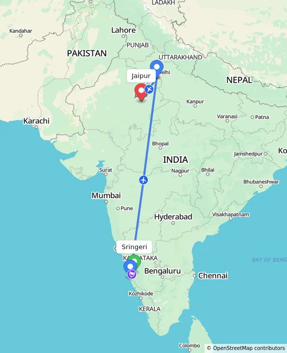 Route map showing distance and travel time from Sringeri, India to Jaipur, India