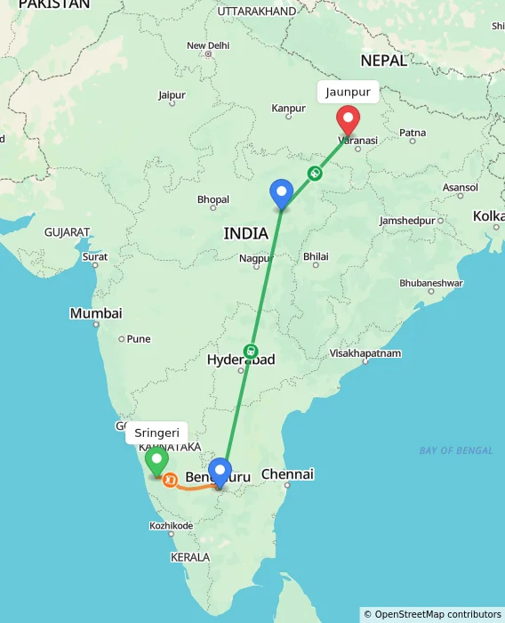 Route map showing distance and travel time from Sringeri, India to Jaunpur, India