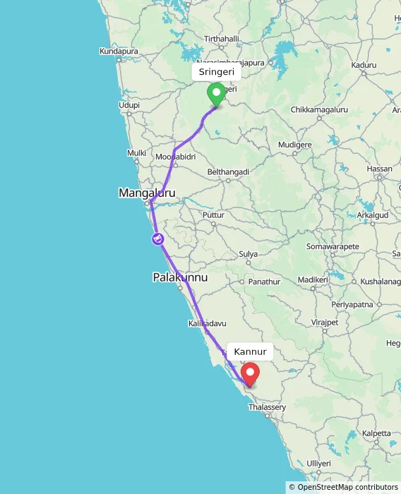Route map showing distance and travel time from Sringeri, India to Kannur, India