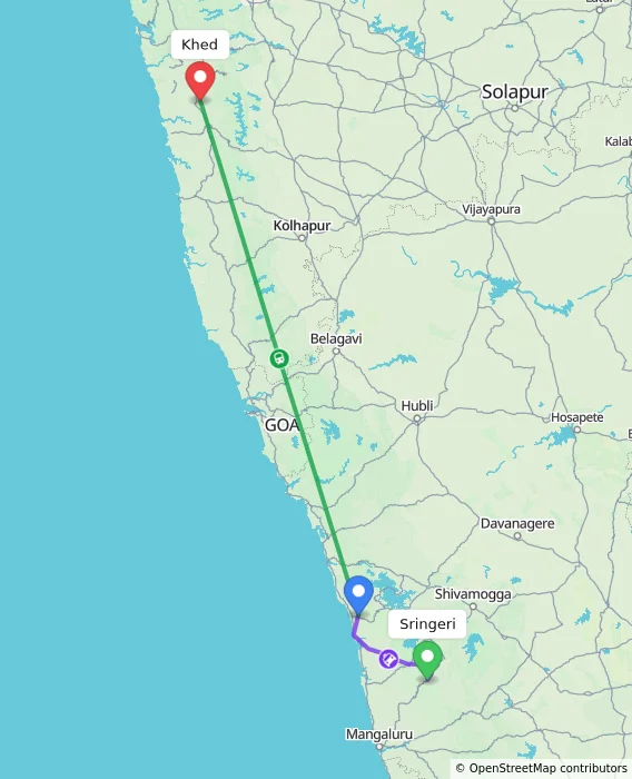 Route map showing distance and travel time from Sringeri, India to Khed, India