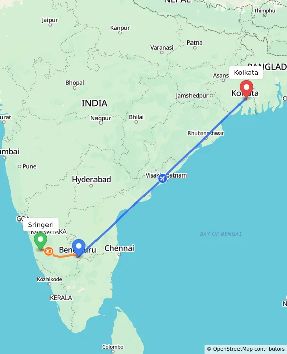 Route map showing distance and travel time from Sringeri, India to Kolkata, India