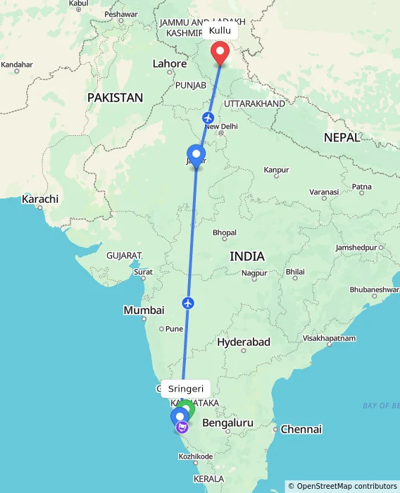 Route map showing distance and travel time from Sringeri, India to Kullu, India