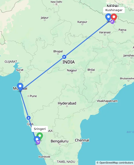 Route map showing distance and travel time from Sringeri, India to Kushinagar, India