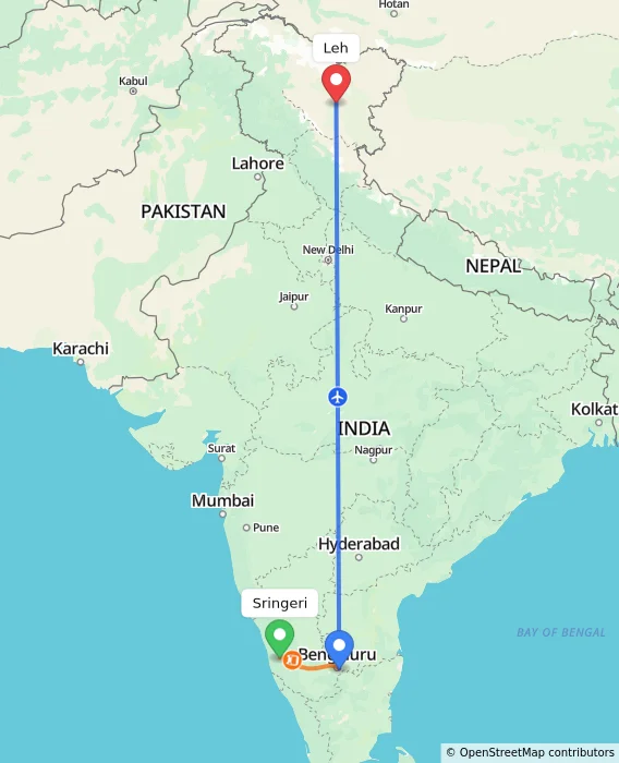 Route map showing distance and travel time from Sringeri, India to Leh, India