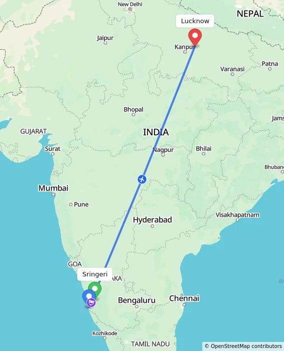 Route map showing distance and travel time from Sringeri, India to Lucknow, India