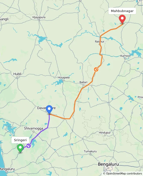 Route map showing distance and travel time from Sringeri, India to Mahbubnagar, India