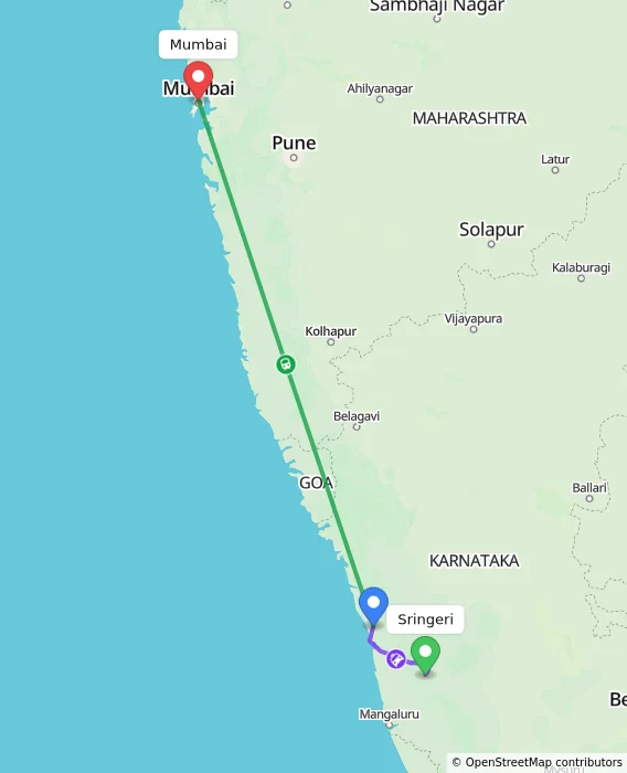 Route map showing distance and travel time from Sringeri, India to Mumbai, India