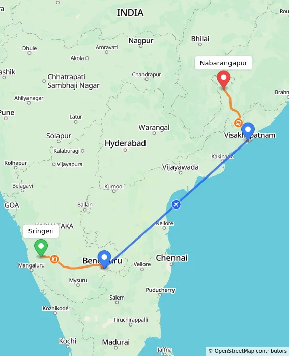 Route map showing distance and travel time from Sringeri, India to Nabarangapur, India