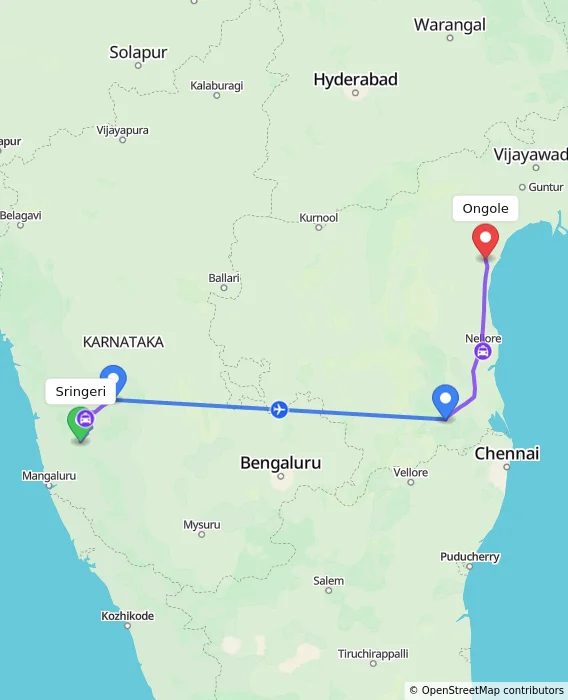 Route map showing distance and travel time from Sringeri, India to Ongole, India