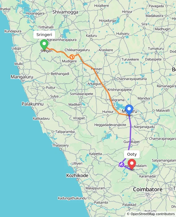 Route map showing distance and travel time from Sringeri, India to Ooty, India