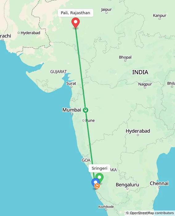 Route map showing distance and travel time from Sringeri, India to Pali, Rajasthan, India
