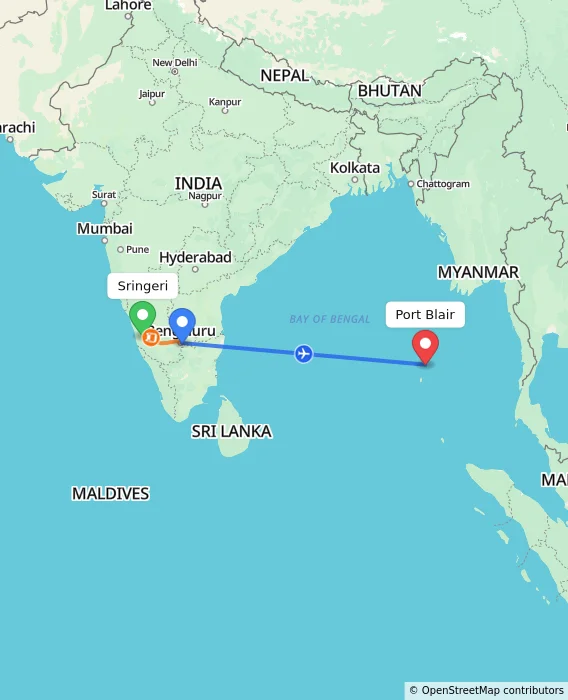 Route map showing distance and travel time from Sringeri, India to Port Blair, India