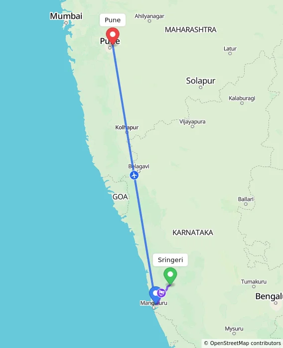 Route map showing distance and travel time from Sringeri, India to Pune, India