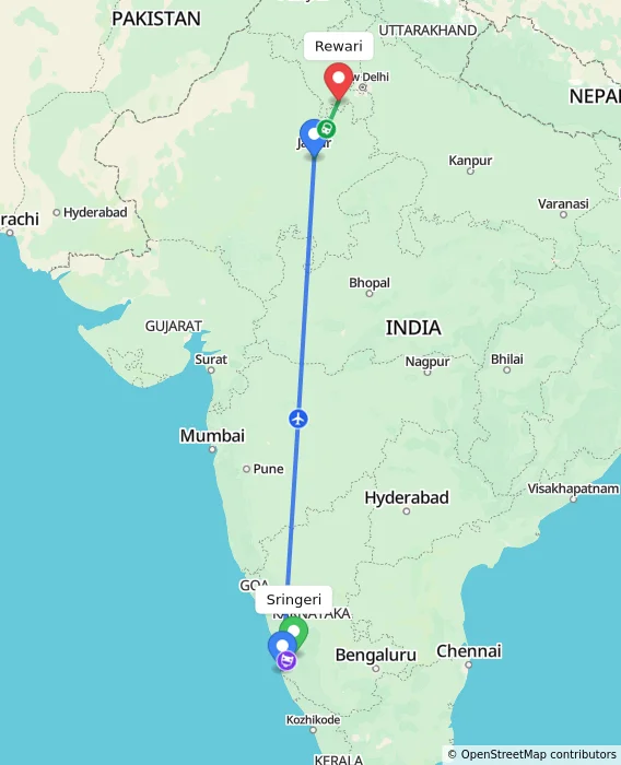 Route map showing distance and travel time from Sringeri, India to Rewari, India