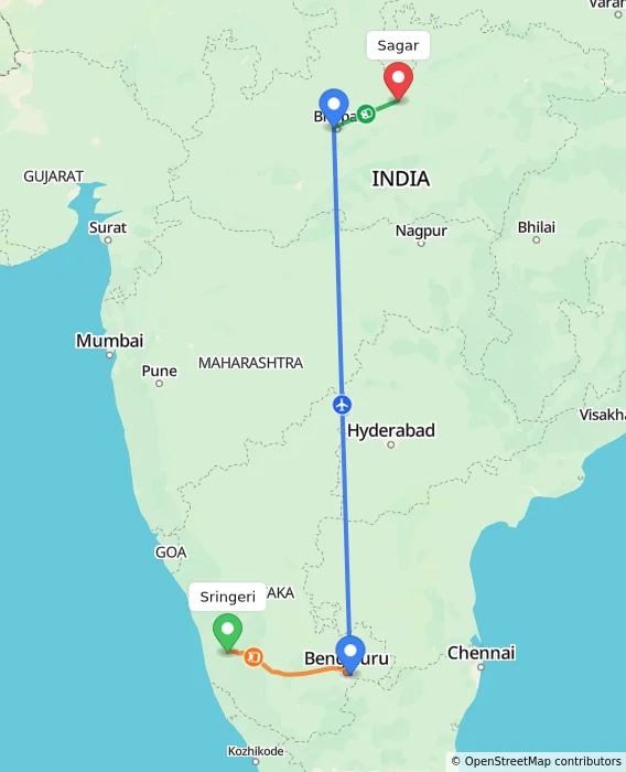 Route map showing distance and travel time from Sringeri, India to Sagar, India