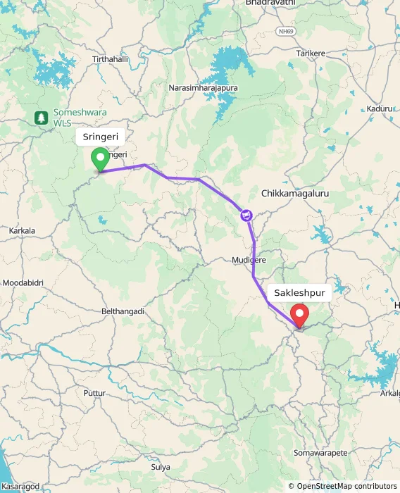 Route map showing distance and travel time from Sringeri, India to Sakleshpur, India