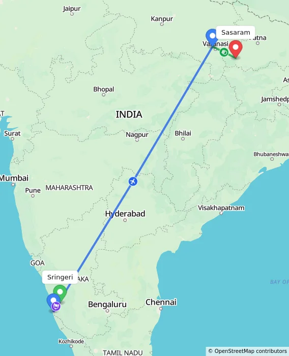 Route map showing distance and travel time from Sringeri, India to Sasaram, India
