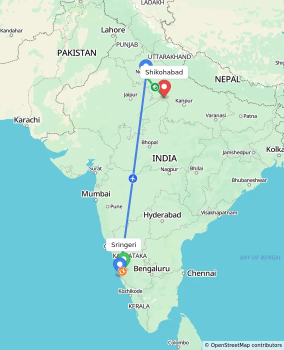 Route map showing distance and travel time from Sringeri, India to Shikohabad, India