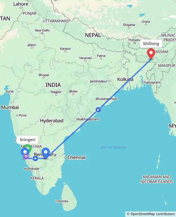 Route map showing distance and travel time from Sringeri, India to Shillong, India