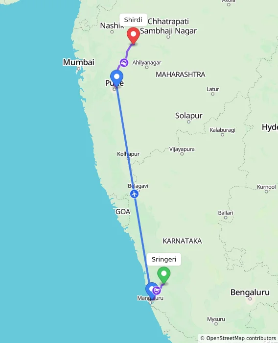 Route map showing distance and travel time from Sringeri, India to Shirdi, India