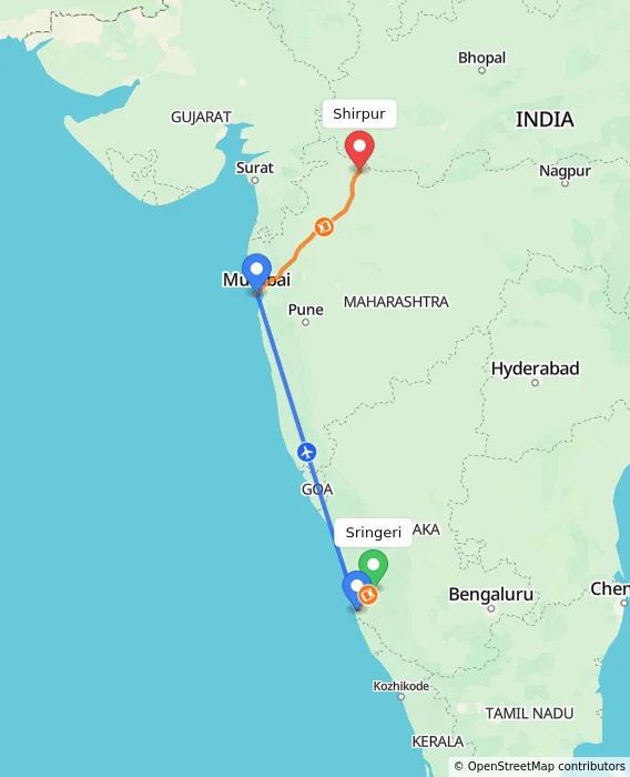 Route map showing distance and travel time from Sringeri, India to Shirpur, India