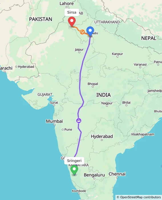 Route map showing distance and travel time from Sringeri, India to Sirsa, India