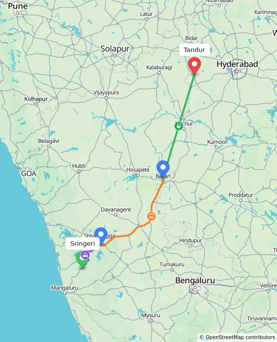 Route map showing distance and travel time from Sringeri, India to Tandur, India