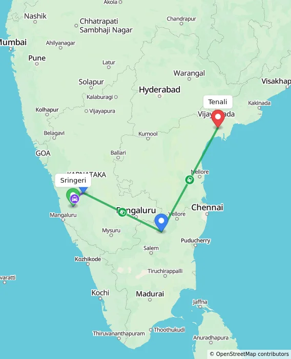 Route map showing distance and travel time from Sringeri, India to Tenali, India