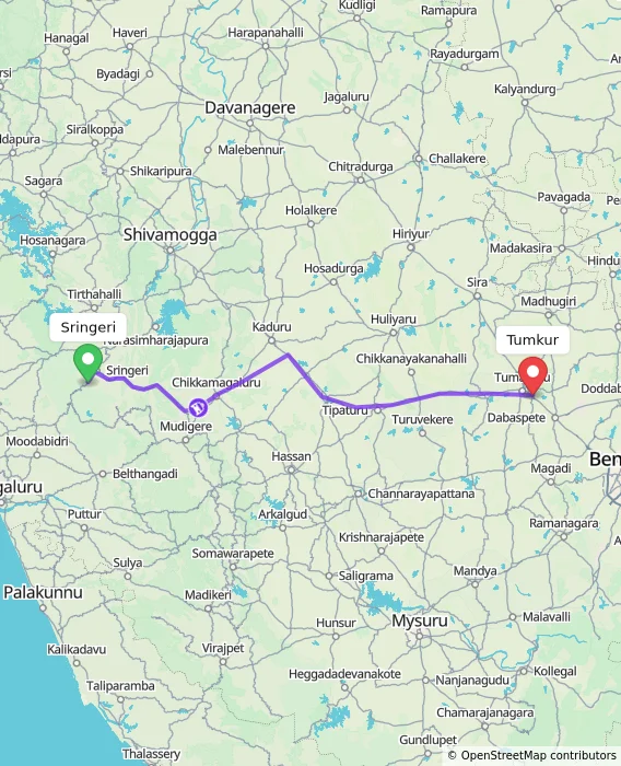 Route map showing distance and travel time from Sringeri, India to Tumkur, India