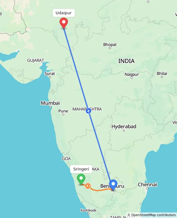 Route map showing distance and travel time from Sringeri, India to Udaipur, India