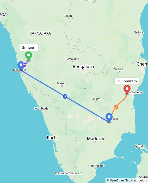 Route map showing distance and travel time from Sringeri, India to Viluppuram, India
