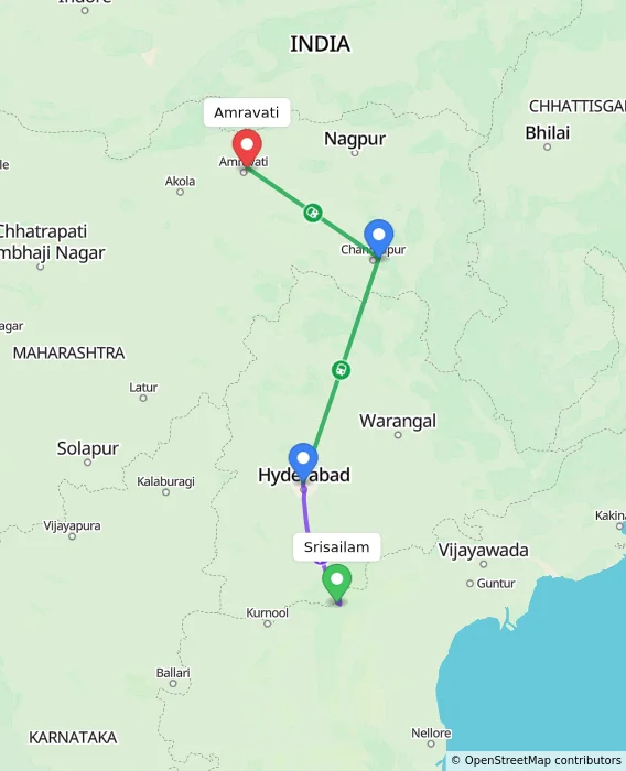 Route map showing distance and travel time from Srisailam, India to Amravati, India