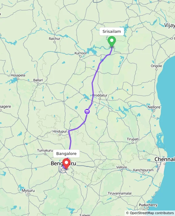 Route map showing distance and travel time from Srisailam, India to Bangalore, India