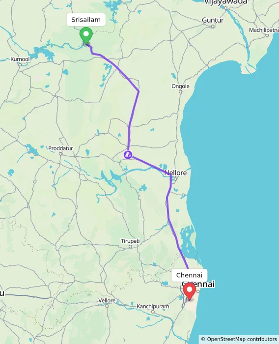 Route map showing distance and travel time from Srisailam, India to Chennai, India