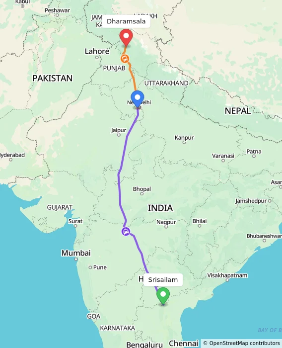 Route map showing distance and travel time from Srisailam, India to Dharamsala, India