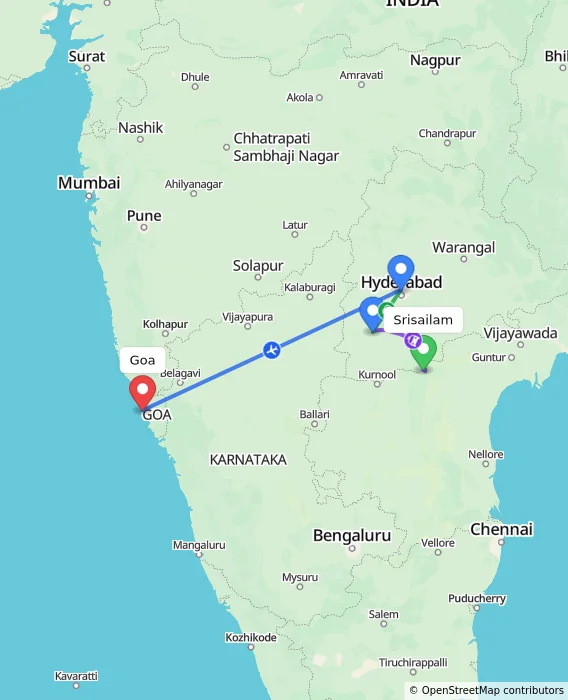 Route map showing distance and travel time from Srisailam, India to Goa, India