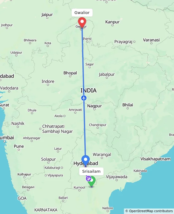 Route map showing distance and travel time from Srisailam, India to Gwalior, India