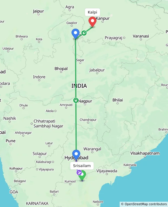 Route map showing distance and travel time from Srisailam, India to Kalpi, India