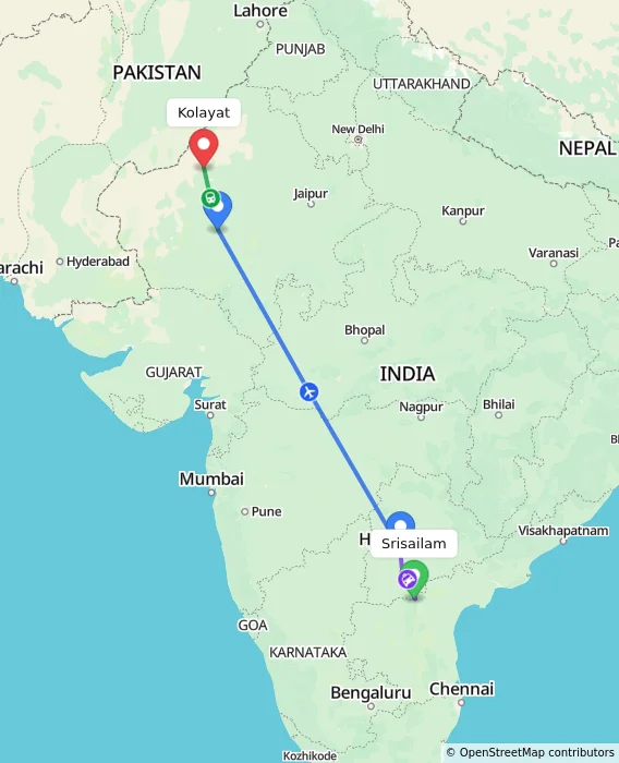 Route map showing distance and travel time from Srisailam, India to Kolayat, India