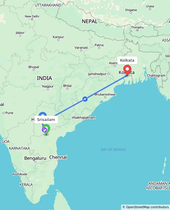 Route map showing distance and travel time from Srisailam, India to Kolkata, India