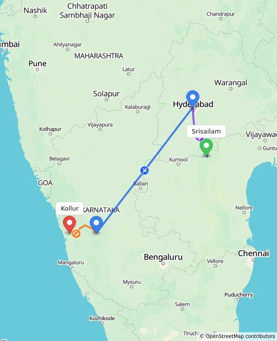 Route map showing distance and travel time from Srisailam, India to Kollur, India