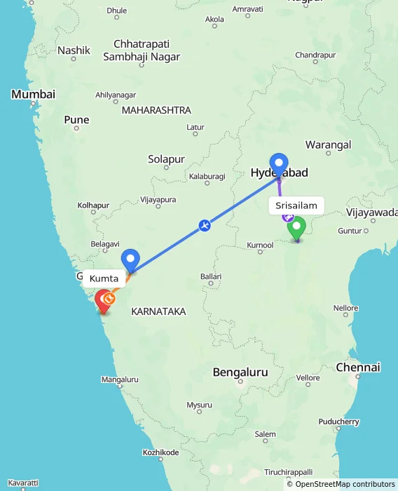 Route map showing distance and travel time from Srisailam, India to Kumta, India