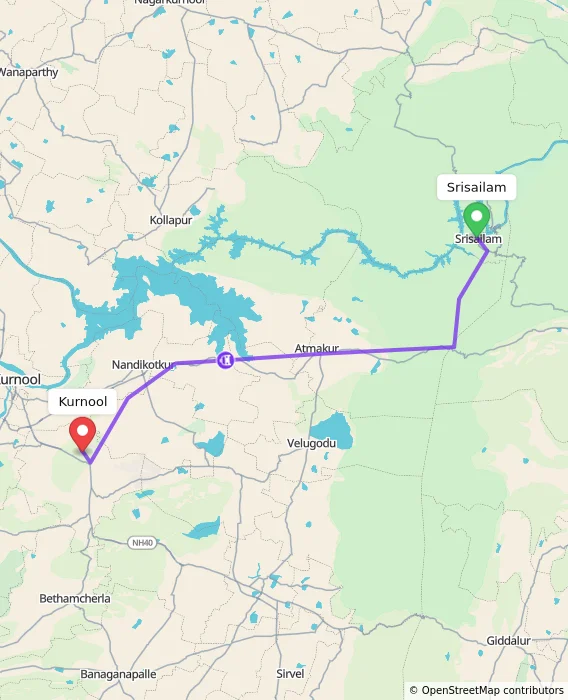 Route map showing distance and travel time from Srisailam, India to Kurnool, India