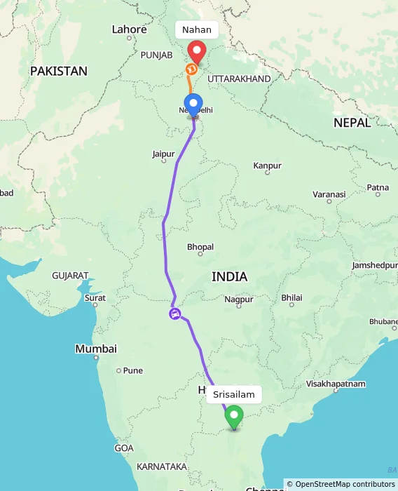 Route map showing distance and travel time from Srisailam, India to Nahan, India