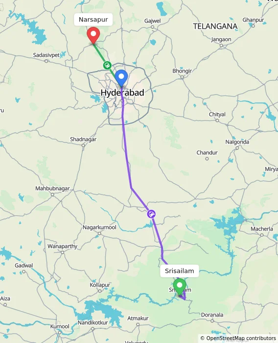 Route map showing distance and travel time from Srisailam, India to Narsapur, India
