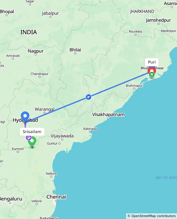 Route map showing distance and travel time from Srisailam, India to Puri, India