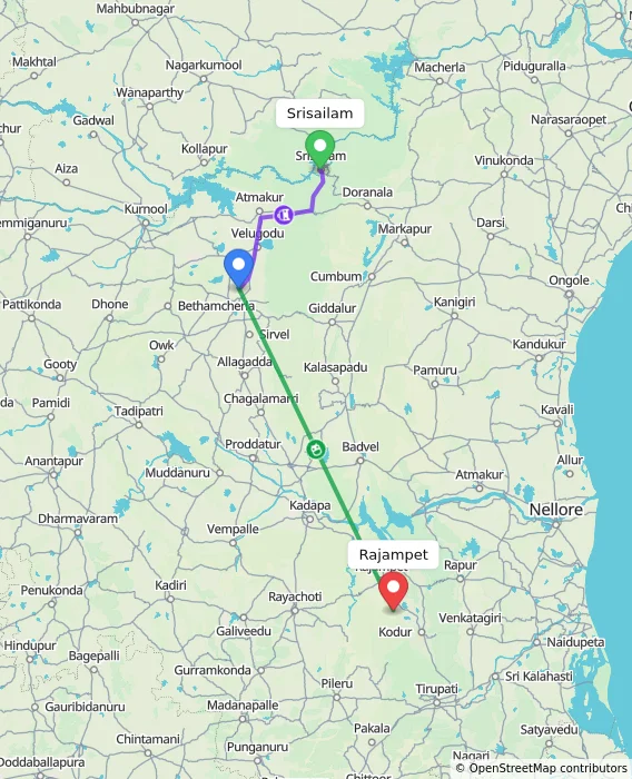 Route map showing distance and travel time from Srisailam, India to Rajampet, India