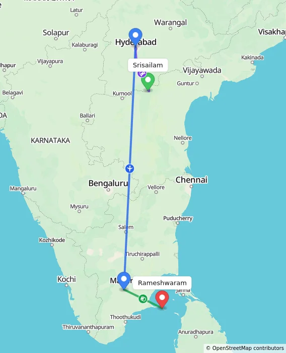 Route map showing distance and travel time from Srisailam, India to Rameshwaram, India