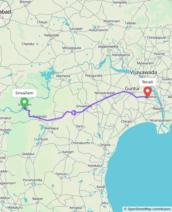 Route map showing distance and travel time from Srisailam, India to Tenali, India
